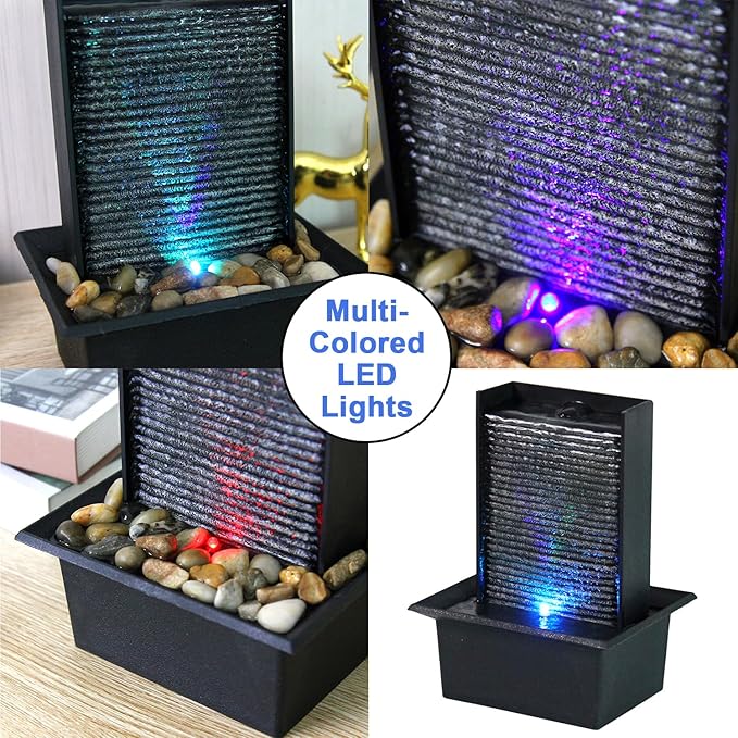 Small Indoor Relaxation Tabletop Fountain, Zen Meditation Waterfall Feature with Color LED Light & Natural Rocks, 4 Level Desk Waterfall for Home Office Bedroom Living Room Decoration (Style 2) - Bloomnest