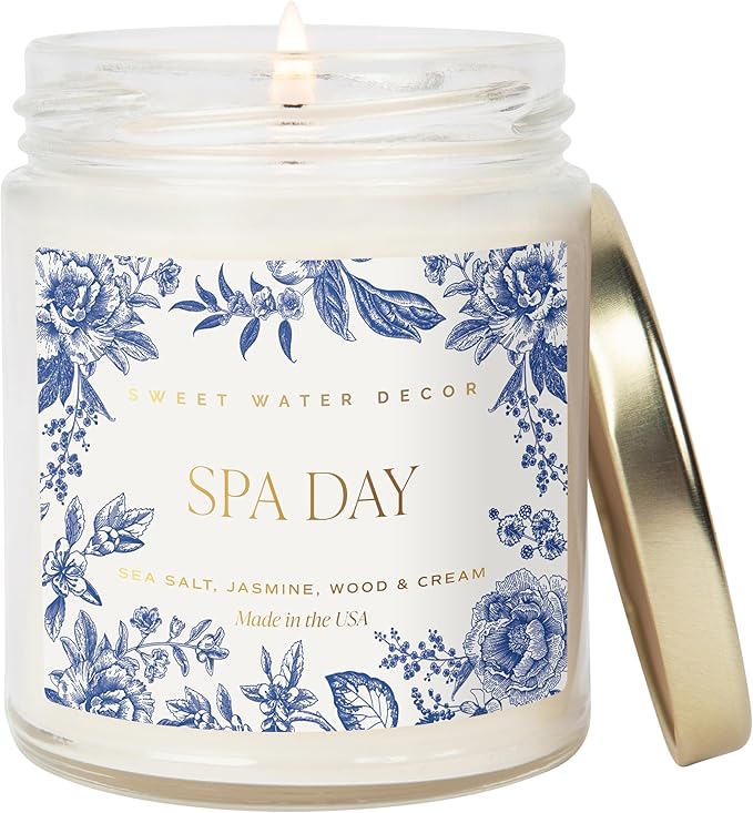 Sweet Water Decor Spa Day Patterned Candle – Soy Candles with Sea Salt, Jasmine, Wood, Cream Aroma– 40 Hour Burn – 9oz Clear Glass Jar – Ideal for Valentines Presents or Any Special Occasion - Bloomnest
