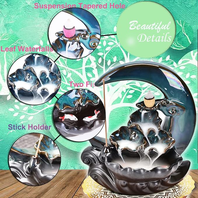 New Moon Backflow Incense Holder, Ceramic Hand-Made Incense Fountain Burner with 100 Backflow Incense Cones，Fragrance Incense Stick，Mat，Aromatherapy Home Decoration - Bloomnest