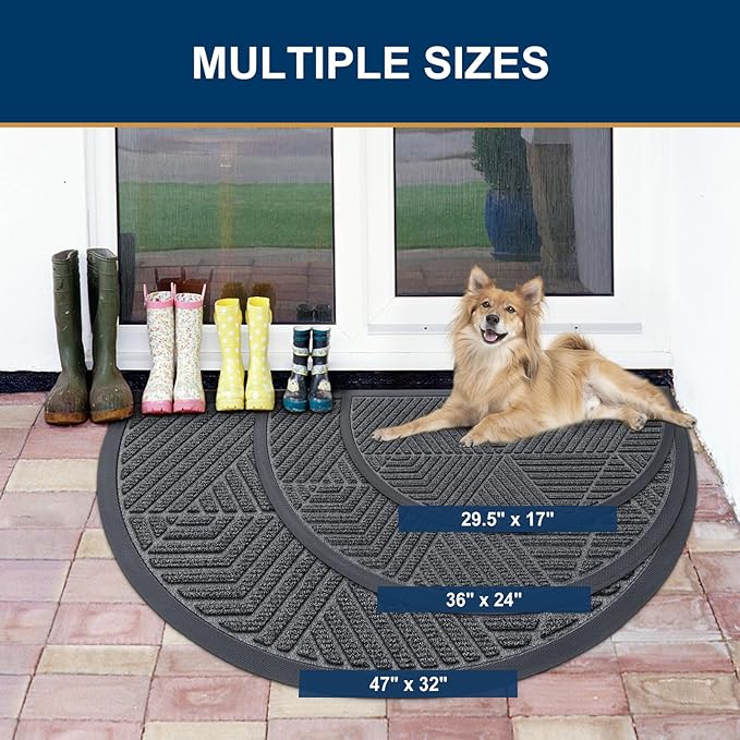 Smiry Half Circle Front Door Mat Outside Entrance, Heavy Duty Sturdy Natural Rubber Doormat, Trap Dirt and Moisture, Low Profile Mats for Indoor Outdoor Entry, Irregular Triangle (29.5x17, Grey) - Bloomnest