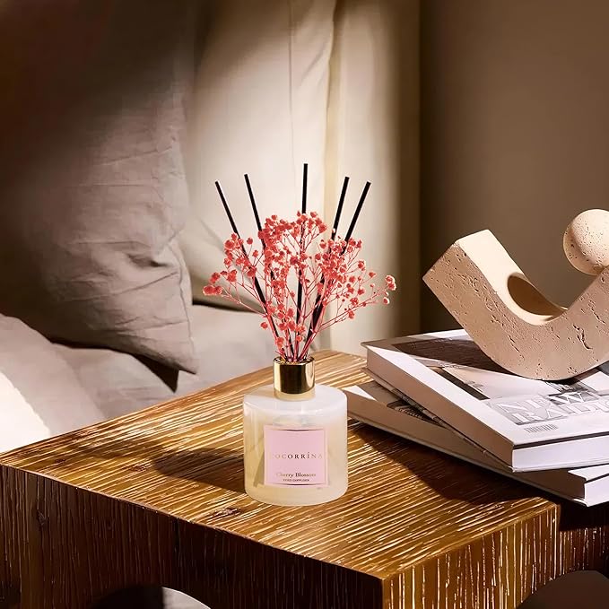 COCORRÍNA Reed Diffuser - Cherry Blossom 6.7 Fl.oz Reed Diffuser Set with Sticks & Preserved Baby's Breath, Reed Diffuser for Home Bathroom Shelf Decor - Bloomnest