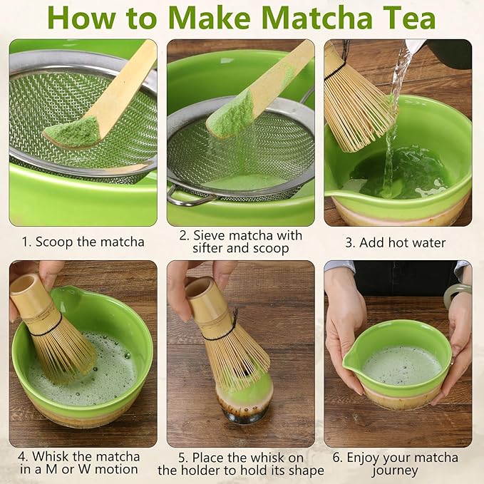Matcha Whisk Set,Bamboo Chasen Whisk,Green Matcha Bowl with Spout, Chashaku Scoop, Sifter,Matcha Whisk and Holder – 5 PCS Matcha Kit for Matcha Lovers Making Latte Drinks,Gift for Starters Lovers - Bloomnest