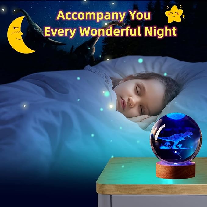 Dinosaur Crystal Ball Lamp, 3D K9 T-Rex, 3.15in USB Powered, 16 Colors Change, Remote Control, Night Light with Wooden Base, Gift Box - Bloomnest