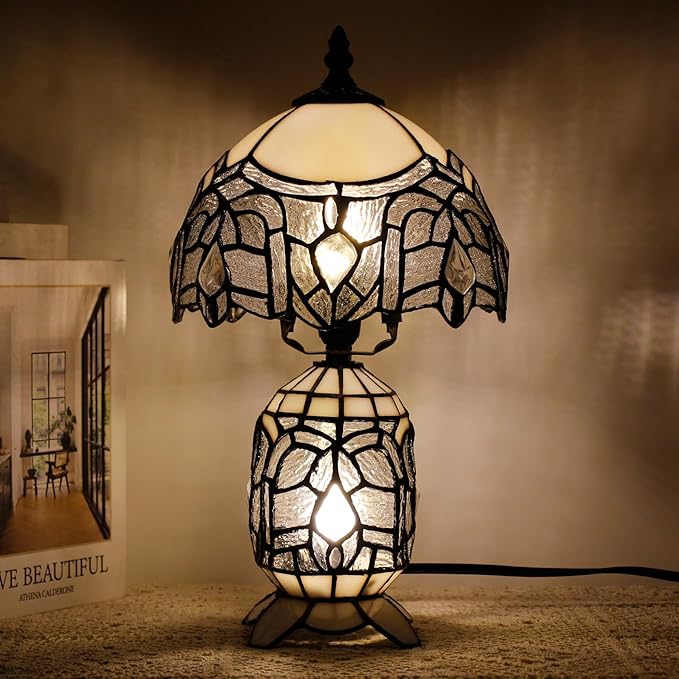 Small Tiffany Lamp Stained Glass Table Lamp Mini Mother Daughter Vase Desk Accent Light for Bedroom Bedside Reading Home Antique Style Decor 8X14 Inches (White) - Bloomnest