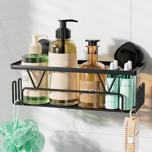 KEGII Shower Caddy Suction Cup with Hooks, Large Capacity Shower Suction Shelf, Heavy Duty Bathroom Organizer, No Drilling Stainless Steel Shampoo Holder for Bathroom Storage, Black - Bloomnest
