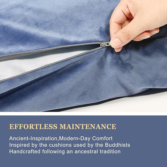 Meditation Zafu Cushion Set with Buckwheat Hulls & Memory Foam - Ergonomic Support for Yoga & Sitting - Removable Machine-Washable Luxury Velvet Cover - for Adults and Kids (Blue（COVER ONLY）)