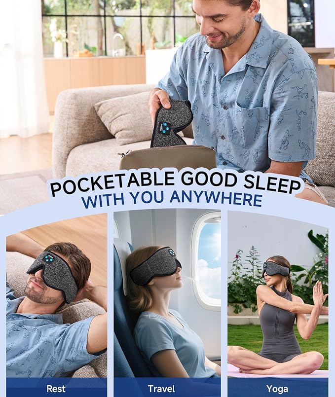 Voerou Sleep Mask with Bluetooth Headphones, Zero Pressure Wireless Sleeping Eye Mask, 100% Light Blocking Sleep Headphones for Side Sleepers, Suitable for Sleep Nap Travel, Cool Gadgets Unique Gifts - Bloomnest