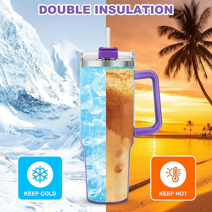 40 oz Tumbler with Handle and Straw Lid, Vacuum Insulated Leak Proof Double Walled Stainless Steel Glitter Travel Mug Tumblers, Maintains Cold Ice and Heat for Hours(Green Purple Gradient) - Bloomnest