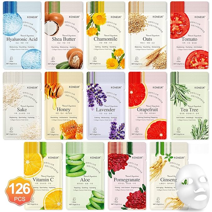 126 Pack Sheet Face Masks Skincare, Bulk Facial Mask Gifts Set for Women Skin Care, Hydrating Face Masks Suitable for All Skin Types, Face Mask Spa for Sensitive Skin - Bloomnest