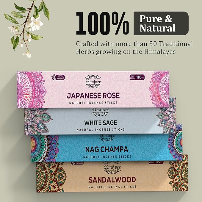 raajsee Incense Sticks Assorted Pack (180 gm), 100% Pure Organic Natural Hand Rolled Free from Chemicals - Perfect for Aromatherapy, Cleansing, Meditation, and Church (12 Pack) - Bloomnest