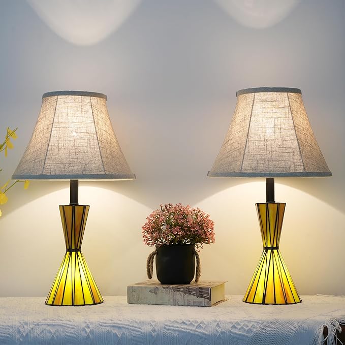 Stained Glass Table Lamps for Living Room 3-Way Dimmable Bedside Desk Lamps with 12 inches White Shade for Living Room Home Office - 2 LED Bulbs Included - Bloomnest