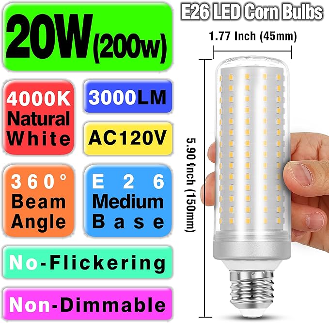 1.77x 5.9 inch,E26 E27 LED Corn Light Bulb 200W Replacement 3000 lm 4000K Natural White,20W E26 Medium Base Non-dimmable Candelabra Ceiling Fan Corn Lighting for Home Garage Warehouse Corn Bulbs,4Pack - Bloomnest