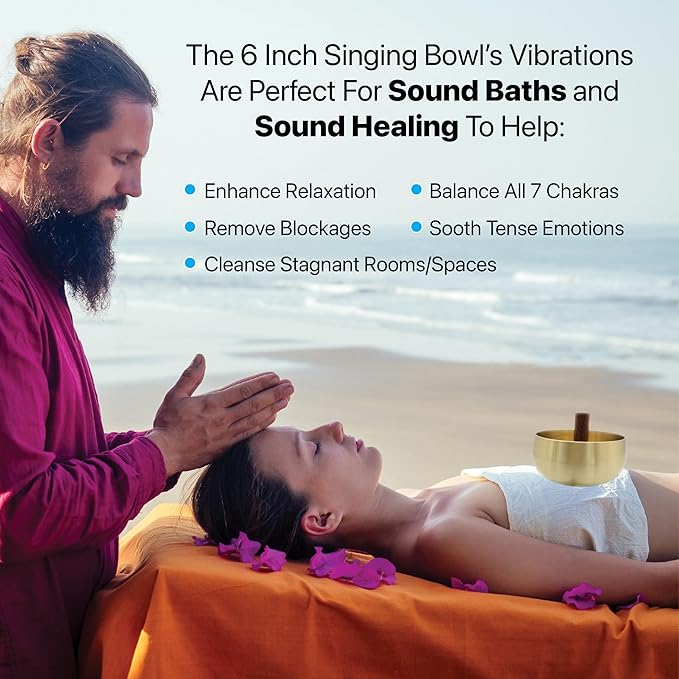 Large Tibetan Singing Bowl Set – 6 Inch Sound Bowl for Yoga, Meditation, Stress Relief, Healing & Chakra Balancing – Long Pure Resonance – Includes Mallet & Cushion – ZenGolden Bowl - Bloomnest