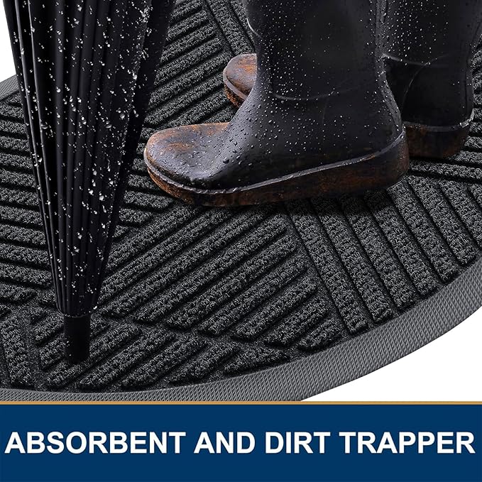 Smiry Half Circle Front Door Mat Outside Entrance, Heavy Duty Sturdy Natural Rubber Doormat, Trap Dirt and Moisture, Low Profile Mats for Indoor Outdoor Entry, Irregular Triangle (29.5x17, Black) - Bloomnest