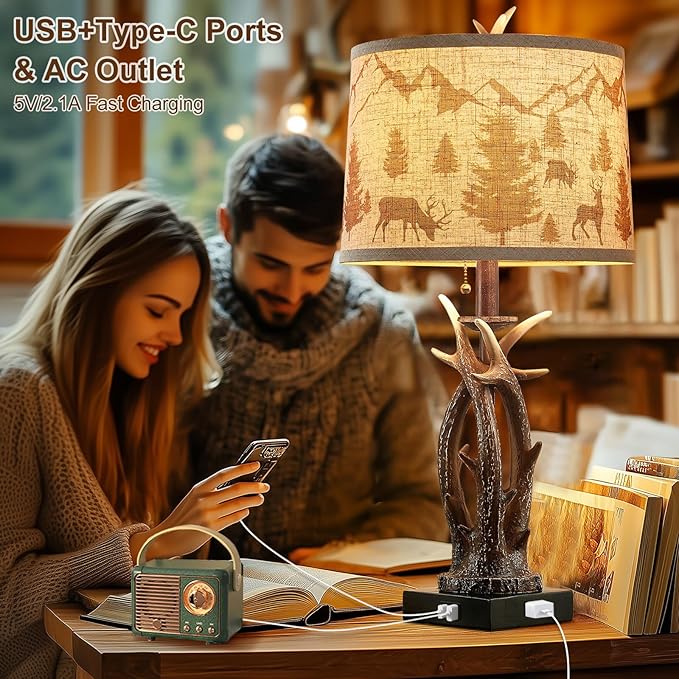 Farmhouse Deer Antler Table Lamps Set of 2 Rustic Western Bedside Lamp with USB A+C & Outlet for Log Cabin Bedroom Hunting Themed Living Room End Table Country Home decor,Deer Print Linen Fabric Shade - Bloomnest