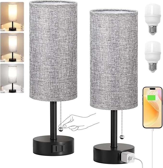 Fenmzee Grey Bedside Table Lamps Set of 2-3 Color Temperatures Pull Chain Lamp with AC Outlet Charging Port, Round Night Stand Lamps for Bedroom Office, Small Bed Side Light with E26 LED Bulbs - Bloomnest