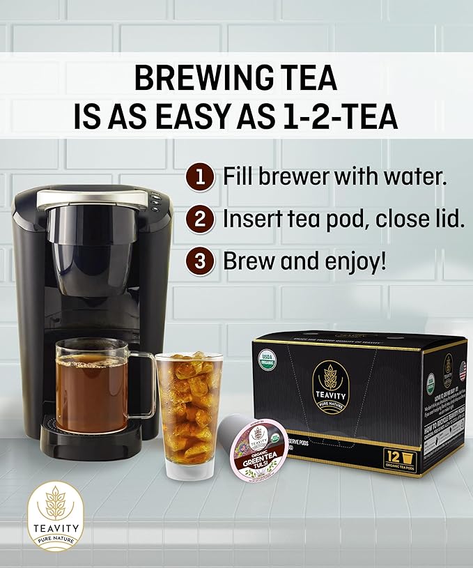 Organic Tulsi Tea Pods with Unsweetened Caffeinated Green Tea Pods for Keurig - Tulsi Green Tea by Teavity (12 Tea Pods) - Bloomnest