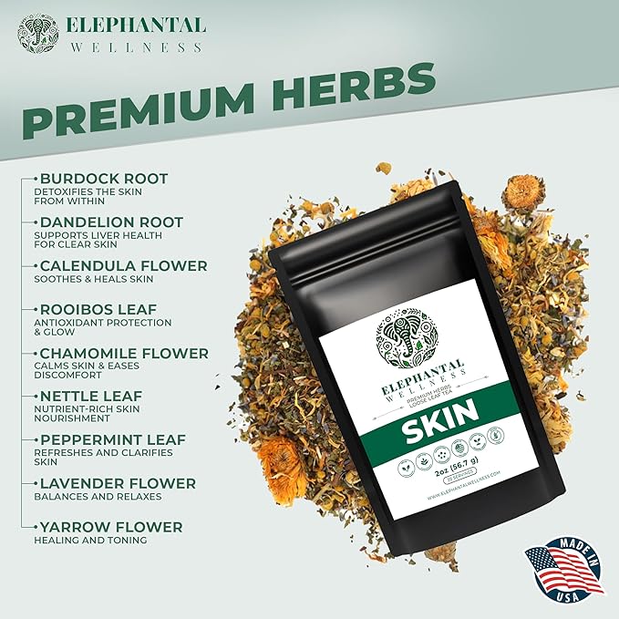Elephantal Wellness Premium Skin Herbal Tea | Radiance & Clarity Support with Burdock, Dandelion, Calendula & Lavender | Non-GMO, Caffeine-Free, Handmade Loose Leaf Blend, 2oz Loose Leaf, 20 Servings - Bloomnest