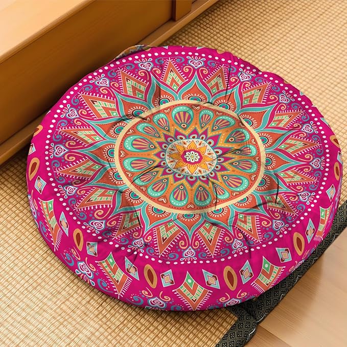 Mandala Meditation Cushion, Boho Meditation Mat, Meditation Pillows for Sitting on Floor, Cushions for Sitting in Home and Outdoor, Round Floor Pillows Cushion Seating for Yoga 22'' X 22'' - Bloomnest