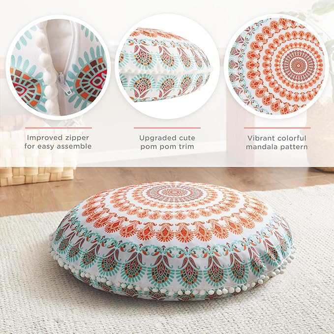 Codi Meditation Floor Pillow, Round Large Pillows Seating for Adults, Bohemian Mandala Circle Cushion for Outdoor Fireplace Yoga Living Room, 32 Inch, Memory Foam Added, Coral - Bloomnest