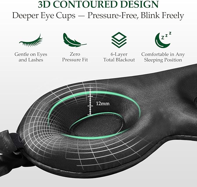 100% Mulberry Silk Sleep Mask for Unisex, 22 Momme 3D Silk Contoured Eye Mask, Breathable Light Blocking Blindfold with Adjustable Strap, Blackout Eye Cover for Travel, Black - Bloomnest