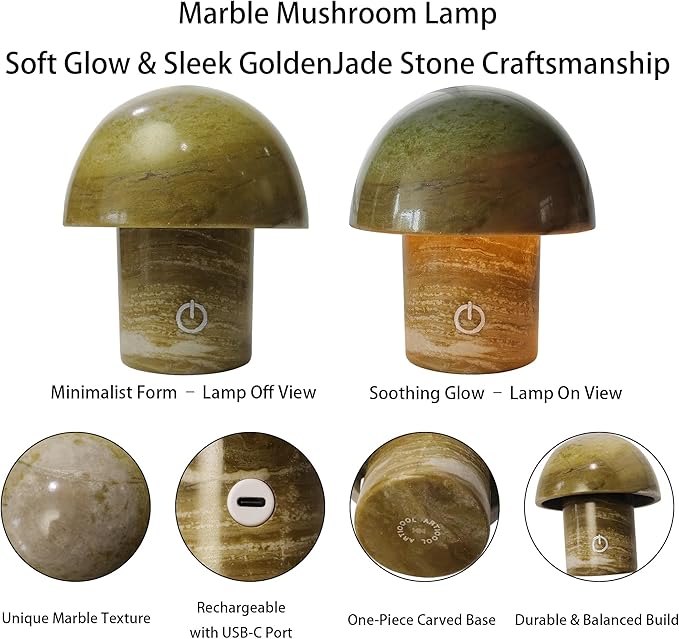 Natural Stone Mushroom Lamp - Jade Gemstone Night Light with LED, Touch Control 3 Brightness, USB Rechargeable Bedside Table Decor Gift - Bloomnest