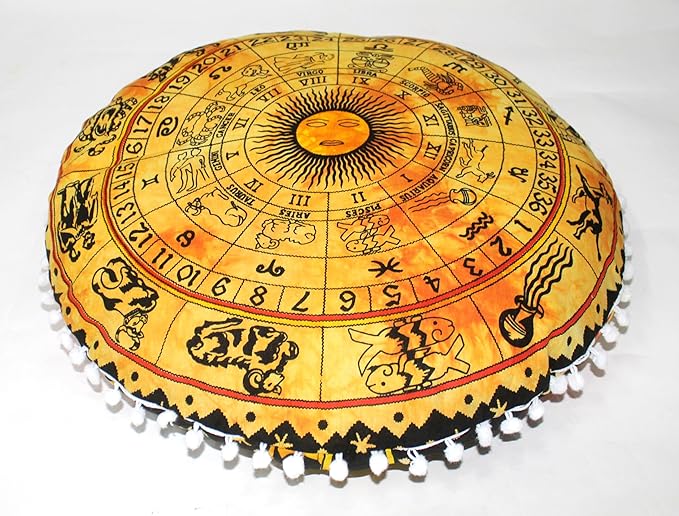 CRAFT KALA Boho Large Floor Pillow Pouf Cover Mandala Meditation Room Pillow Cover for Adults Round Bohemian Seating Pouf Cushion Cover for Kids Playroom 22" Yellow Zodiac - Bloomnest