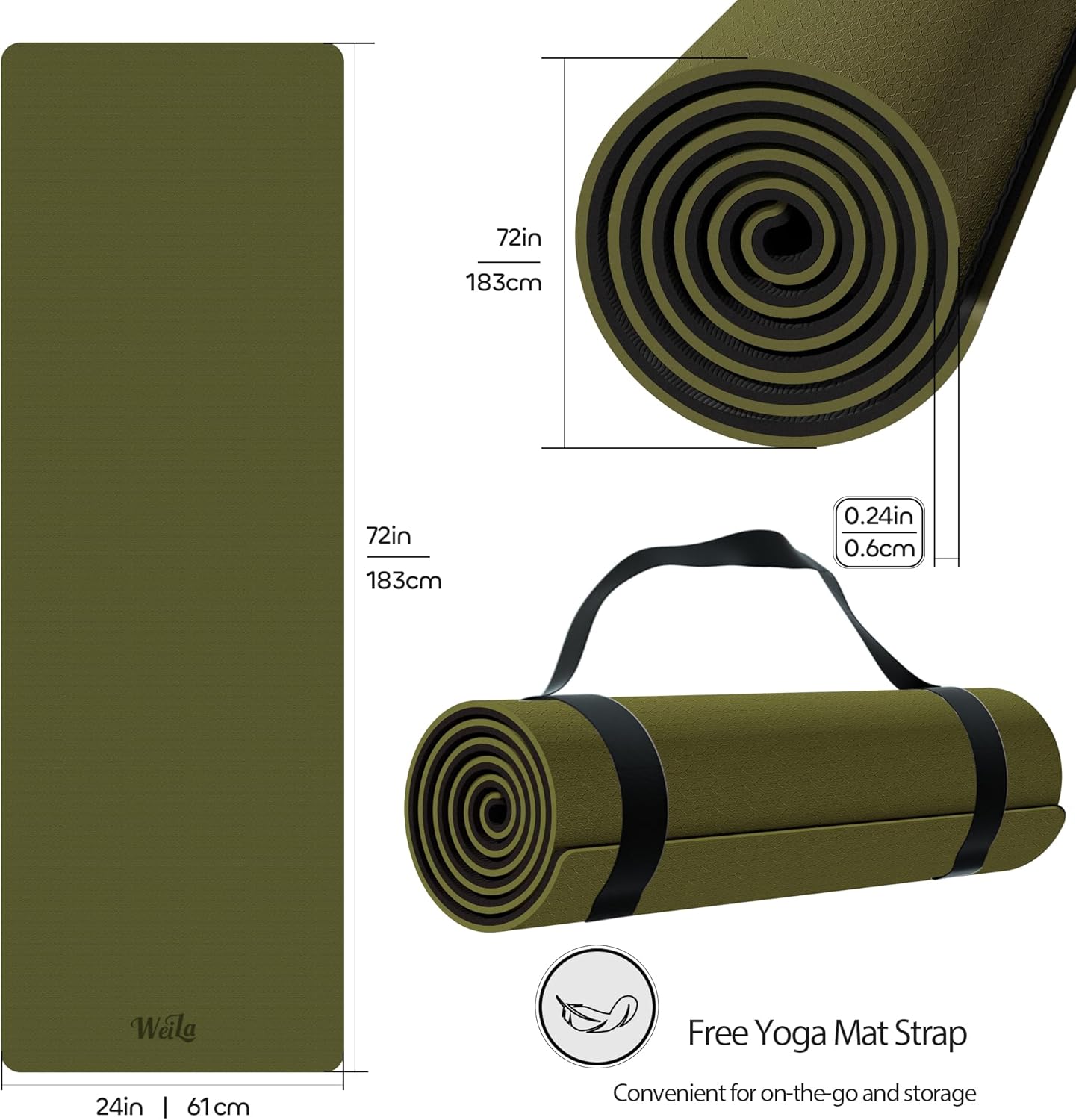 Non-slip TPE Yoga Mat for Women & Men,72"x24" Double-Sided Workout Mat for Home Gym Pilates Fitness,1/4 Inch Packable Lightweight Exercise Mat with Strap for Travel,Non Toxic Exercise Floor Mat