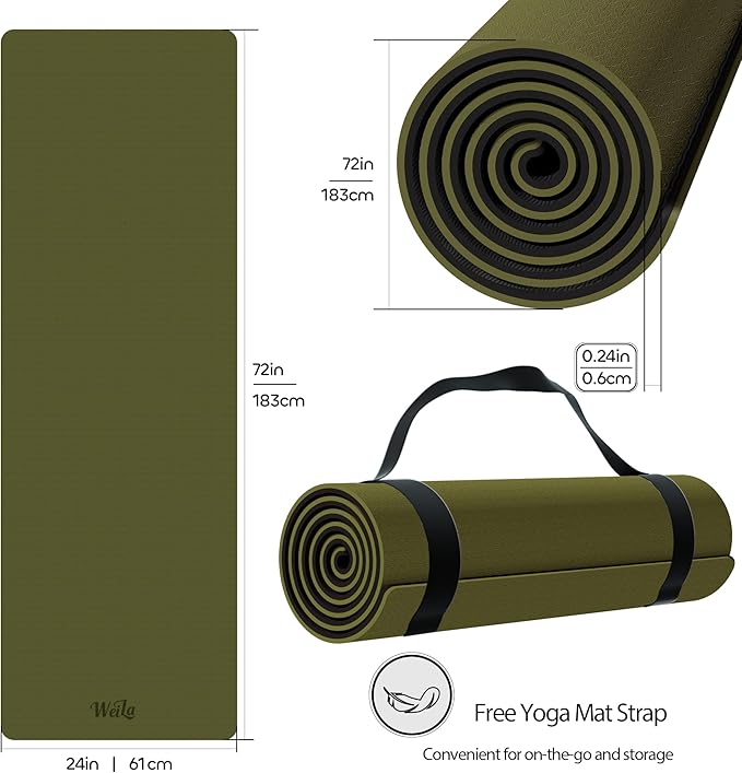 Non-slip TPE Yoga Mat for Women & Men,72"x24" Double-Sided Workout Mat for Home Gym Pilates Fitness,1/4 Inch Packable Lightweight Exercise Mat with Strap for Travel,Non Toxic Exercise Floor Mat - Bloomnest