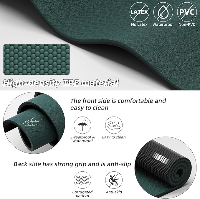 Large Yoga Mat 75"x 40"x10mm (2/5 inch) – Extra Thick & Wide, TPE Fitness Mat, Printed Non-Slip Exercise Mat with Carrying Strap for Men & Women, Pilates, Stretching, Fitness & Workout - Bloomnest