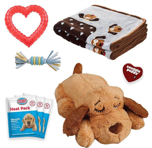 Original Snuggle Puppy Essentials Starter Kit - Heartbeat Puppy for Dogs - Calming Aid with 3 Heat Packs, Puppy Teething Toy, Dog Chew Toy and Dog Blanket - Bloomnest