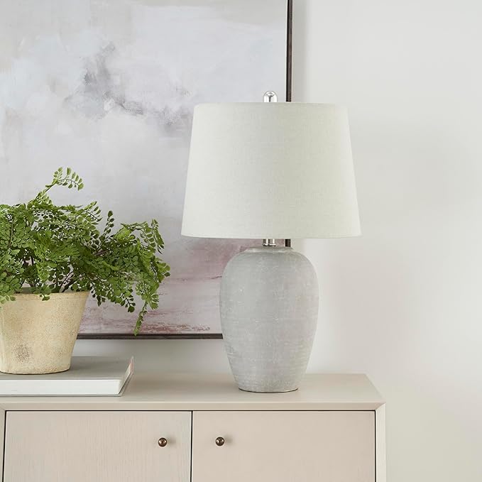 Nourison Home 23" Vintage Grey (White Washed) Ceramic Pot Table Lamp for Bedroom, Living Room, Dining, Office, with Grey Shade - Bloomnest