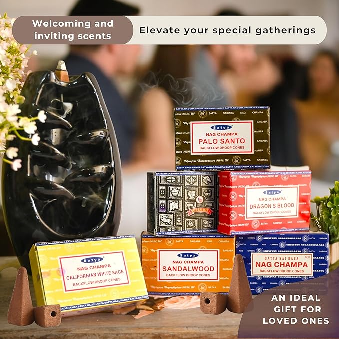 Nag Champa|Super Hit|Dragons Blood|Palo Santo|Sandalwood|Californian White Sage Variety Pack Backflow Incense Cones for Waterfall Aromatic Smoke Fountain Haze Falls and Mat Bundle - Pack of 6 TRUMIRI