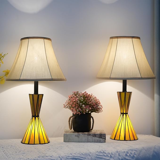 Modern Table Lamps Set of 2 with Hand Crafted Stained Glass Night Lights 3-Way Dimmable Bedside Lamps with Yellow Fabric Shades for Home Decor - Bloomnest