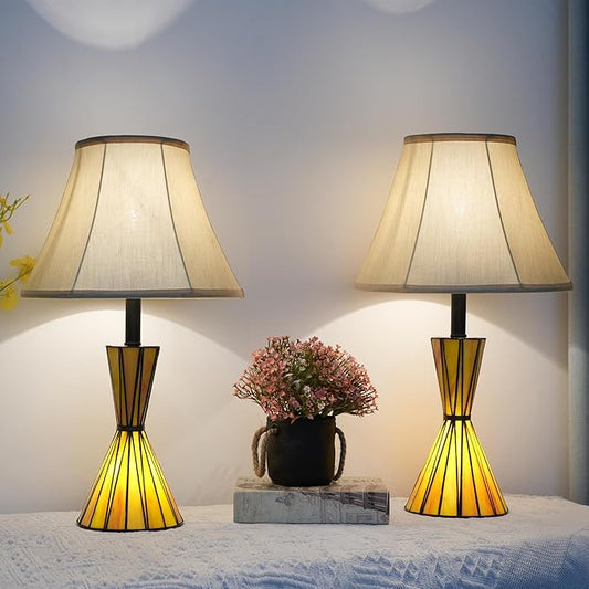 Modern Table Lamps Set of 2 with Hand Crafted Stained Glass Night Lights 3-Way Dimmable Bedside Lamps with Yellow Fabric Shades for Home Decor - Bloomnest