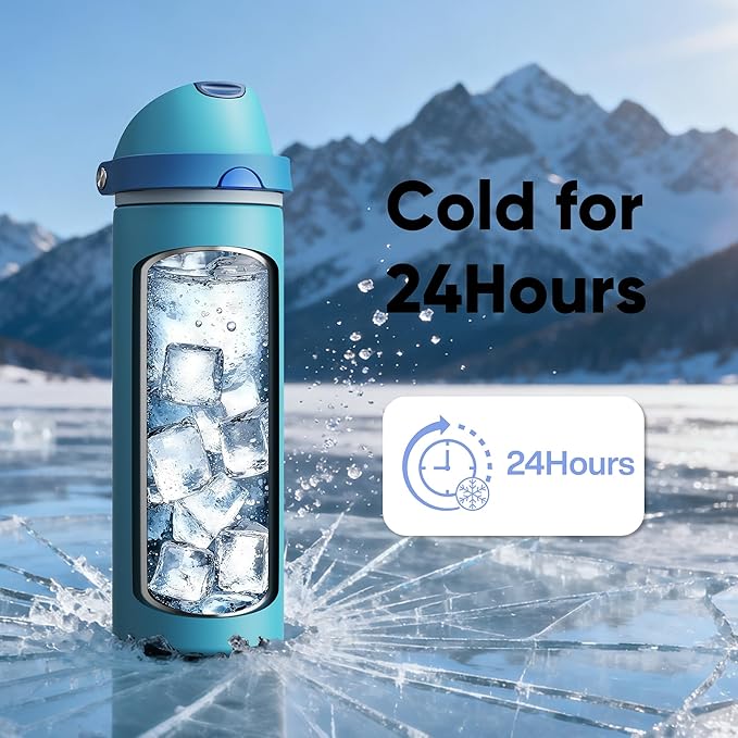 Insulated Water Bottle with Straw - Encool Stainless Steel Water Bottle with Push Button Lid, Leak-Proof & BPA-Free, Keeps Cold for 24 Hours for Sports, Travel, Gym (24 oz, Silk Blue) ENCOOL