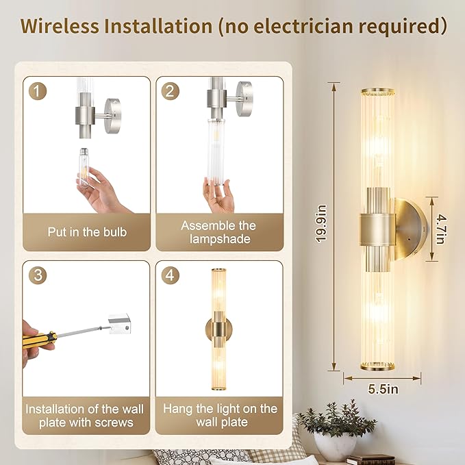 Sand Nickel Battery Operated Wall Sconces Set of Two, Rechargeable Wall Sconce with Dimmable Remote Control, 20 Inch Wireless Sconce Wall Light for Bedroom, Living Room (Bulbs Included) - Bloomnest