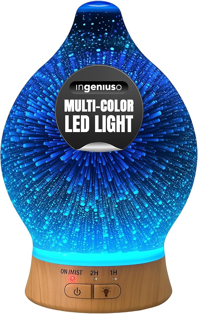 Aromatherapy Essential Oil Diffuser for Therapeutic Oils, w/ 3D Glass Vase | Cool Mist Difusor for Bedroom | LED Color Light Display & Auto Shut-Off | Humidifier, Fragrance Machine for Home & Dorm Use Bloomnest