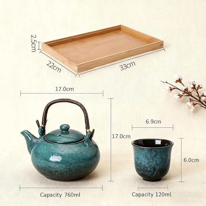 KEYDUACU Japanese Tea Set, Ceramic Tea Set, Plum Blossom Embossed, Teapot, 6 Teacups, Tea Tray, Strainer, Home, Outdoor, Gift, Chinese Kung Fu Tea Set (Pine Green) - Bloomnest