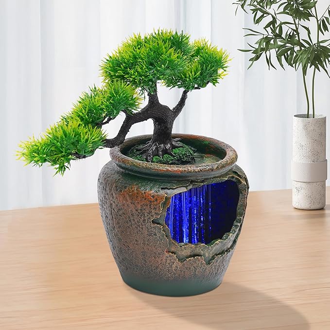 Gdrasuya10 Tabletop Rockery Fountain Indoor Waterfall Bonsai Desktop Mini Rockery Water Fountain with Automatic Pump and LED Light, Home Office Bedroom Humidifier Desk Decorate