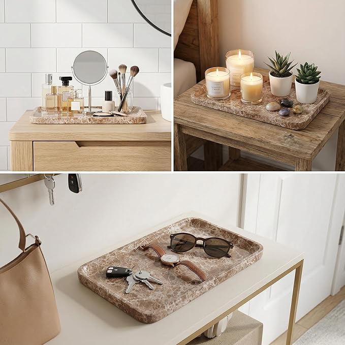 Light emperador Marble Vanity Tray for Bathroom Counter-12 X7 Decorative Tray for Perfume, Candles, Stone Jewelry Dish Tray - Bloomnest