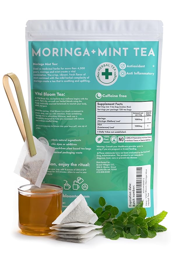 Vital Bloom Moringa Mint Tea, 120 Tea Bags, reduces inflammation, Bleach Free tea bags, Non GMO (Free Bamboo Tongs Included) - Bloomnest