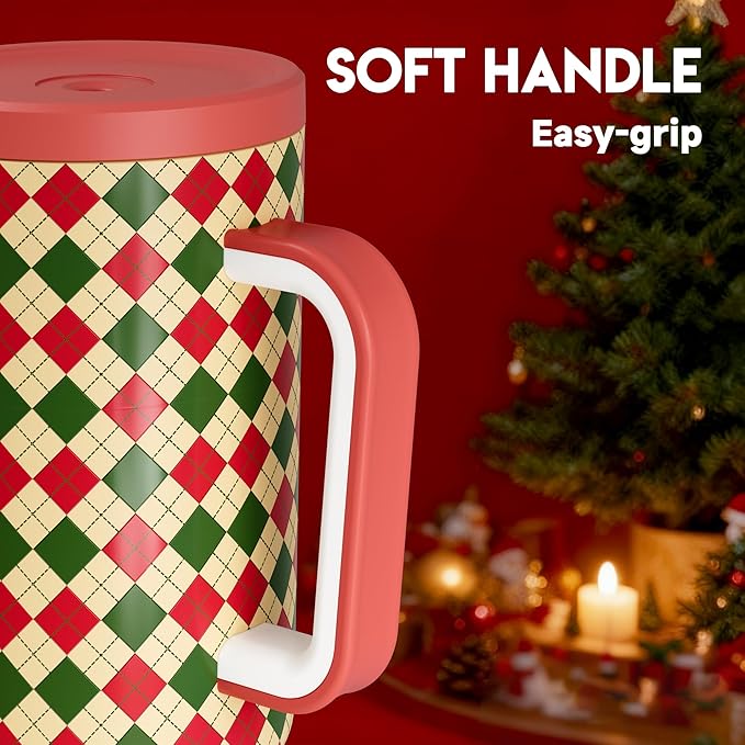 Meoky 40 oz Christmas Tumbler with Handle and Straw, Xmas Tumbler with Lid and Straw, Insulated Stainless Steel Travel Mug, Christmas Gifts for Women Men Adults (Winter Plaid) - Bloomnest