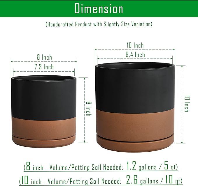 D'vine Dev 8 Inch & 10 Inch Ceramic Planter Pot for Plants with Drainage Hole and Saucer, Large Plant Pots Set, Black/Speckled Tan, 94-G-L-7 - Bloomnest