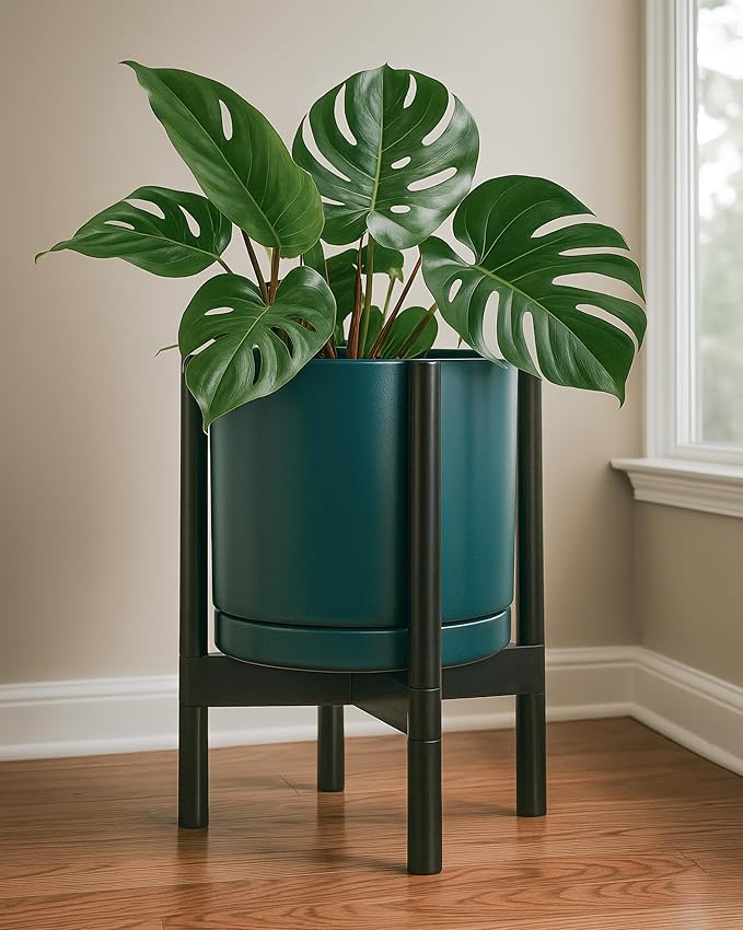 D'vine Dev Ceramic Planter with Ebony Stand - 12 Inch Modern Round Flower Pot with Wood Planter Holder, Teal, 55-B-H-4 - Bloomnest
