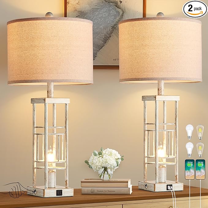 Table Lamp for Living Room Set of 2 with USB C+A & Bulbs, 3-Way Dimmable 27.6" Farmhouse End Lamps, Rustic Bedside Lamp for End Tables, Industrial Nightstand Lamps for Bedroom - Bloomnest
