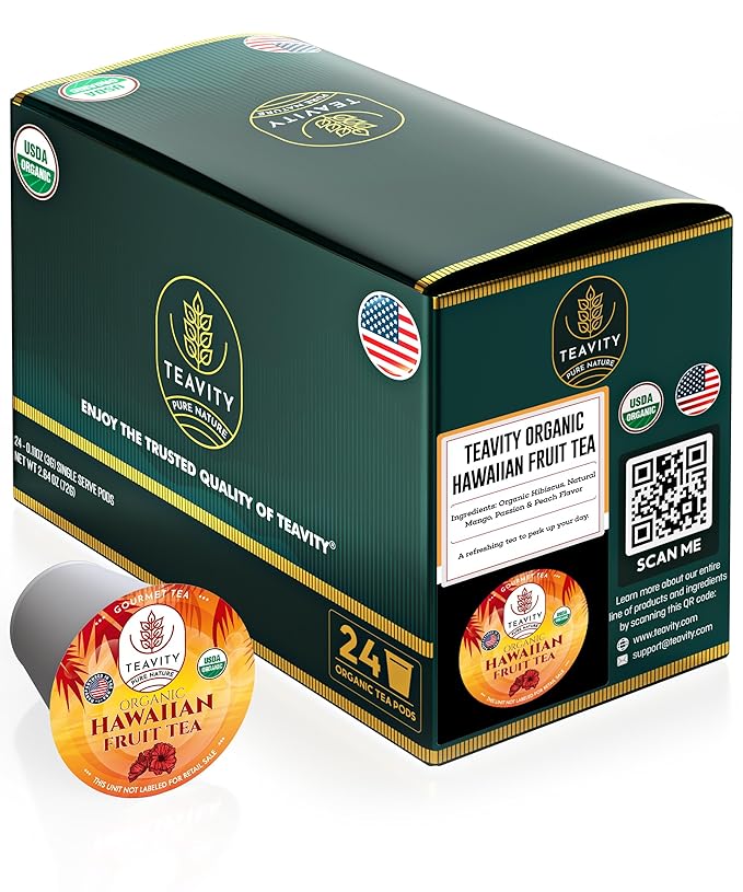 Organic Hibiscus Sabdariffa Tea Pods with Peach, Mango, & Passionfruit - Naturally Decaf Tea - Hawaiian Fruit Tea by Teavity (24 Tea Pods) - Bloomnest