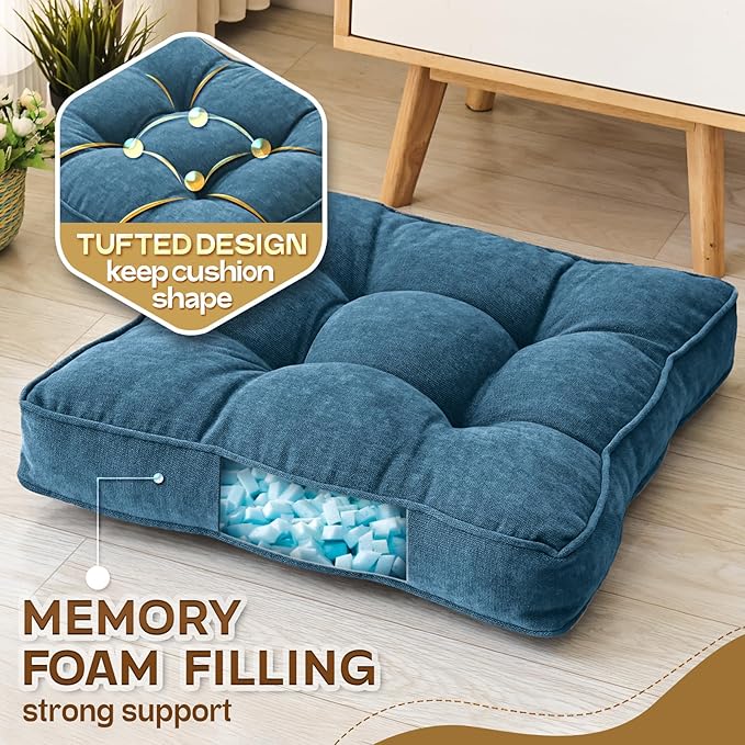 Floor Pillow Set of 2, Memory Foam Floor Cushions for Adults, Large Square Meditation Pillow for Sitting, 22 x 22 Inches (Square | Navy)