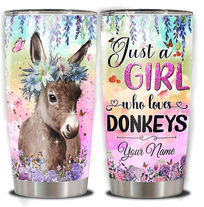 WAZONE Personalized Tumbler Just A Girl Who Loves Donkeys Flower Cute Farm Insulated Stainless Steel Cup Custom Name 20oz 30oz Animal Themed Gifts Birthday Christmas For Girls Donkey Lovers - Bloomnest