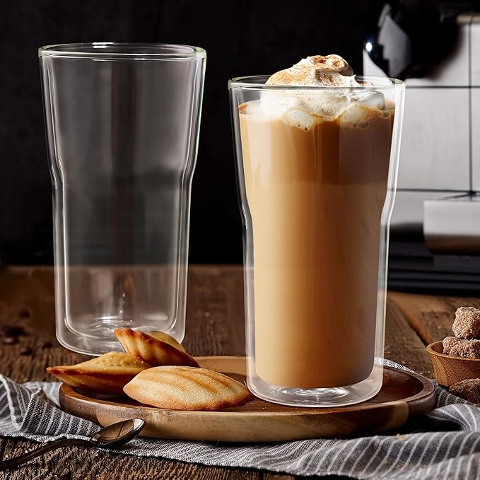 Joeyan Glass Double Walled Beer Drinking Glasses Tumbler 16 oz, Double Layer Tall Borosilicate Insulated Water Cocktail Glass Cups, Double Lined Thermo Tea Coffee Hot Beverage Glassware, Set of 2 - Bloomnest
